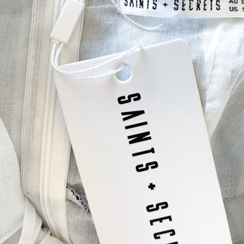 Saints + Secrets Stripes Denim Sweetheart Faux Wrap Dress Blue White Ruffle Mini - Picture 11 of 15